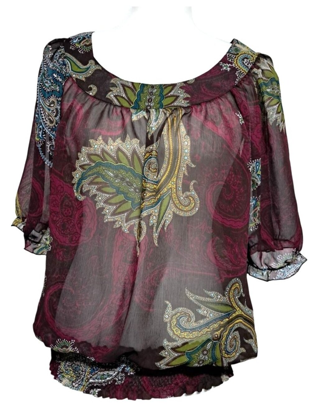 Robin K Boho Paisley Sheer Blouse‎ Womens Size 1XL Multicolor 1/2 Sleeves